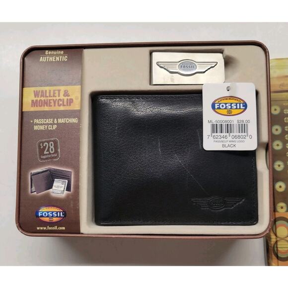 Vintage Fossil Black Leather Wallet with Money Clip - New In Tin Box 2003 - Picture 1 of 7